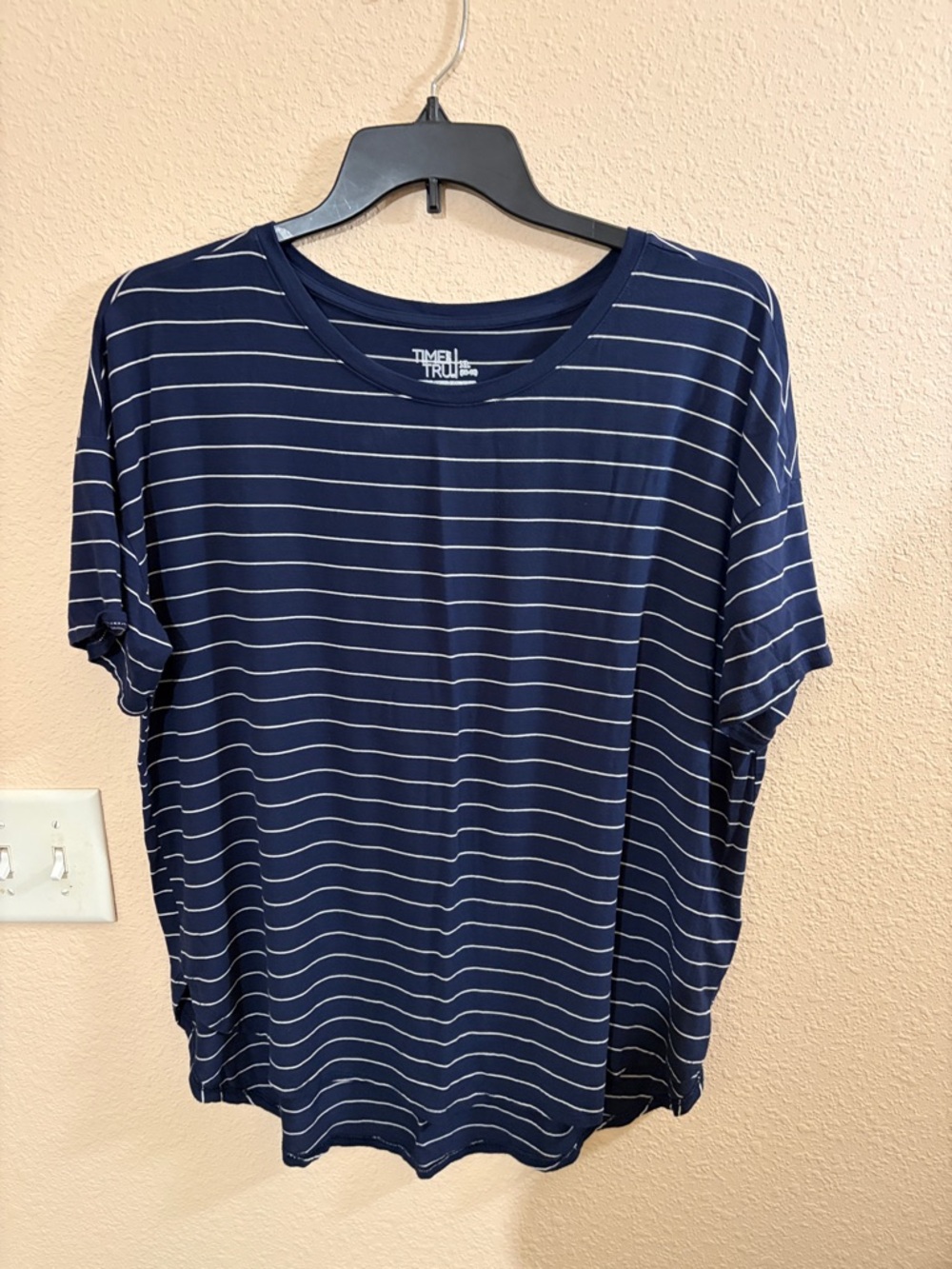 Time and Tru Navy and White Striped Short Sleeve Tee